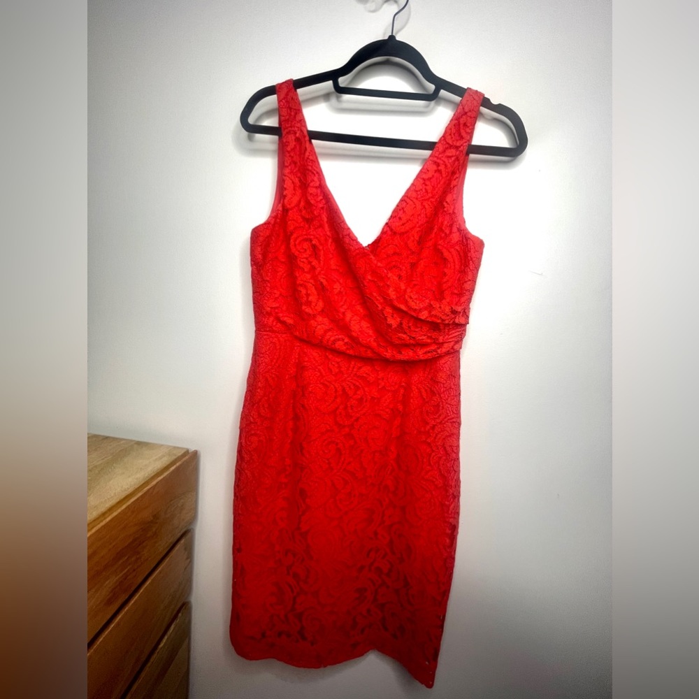 JCrew Women’s embroidered lined red orange midi dress, V-neckline, size 4.